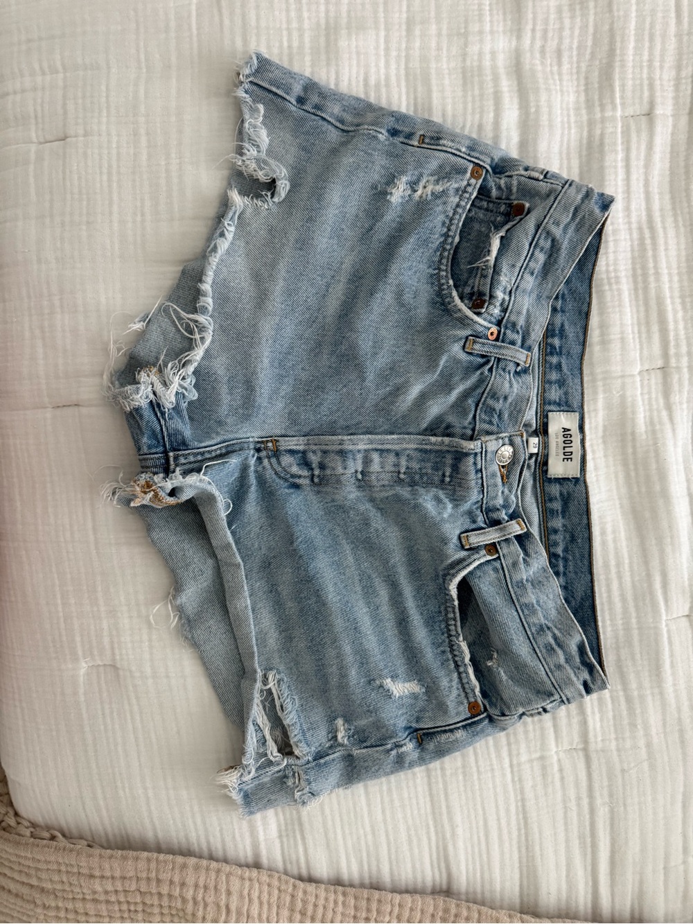 Agolde Light Wash Frayed Hem Denim Shorts